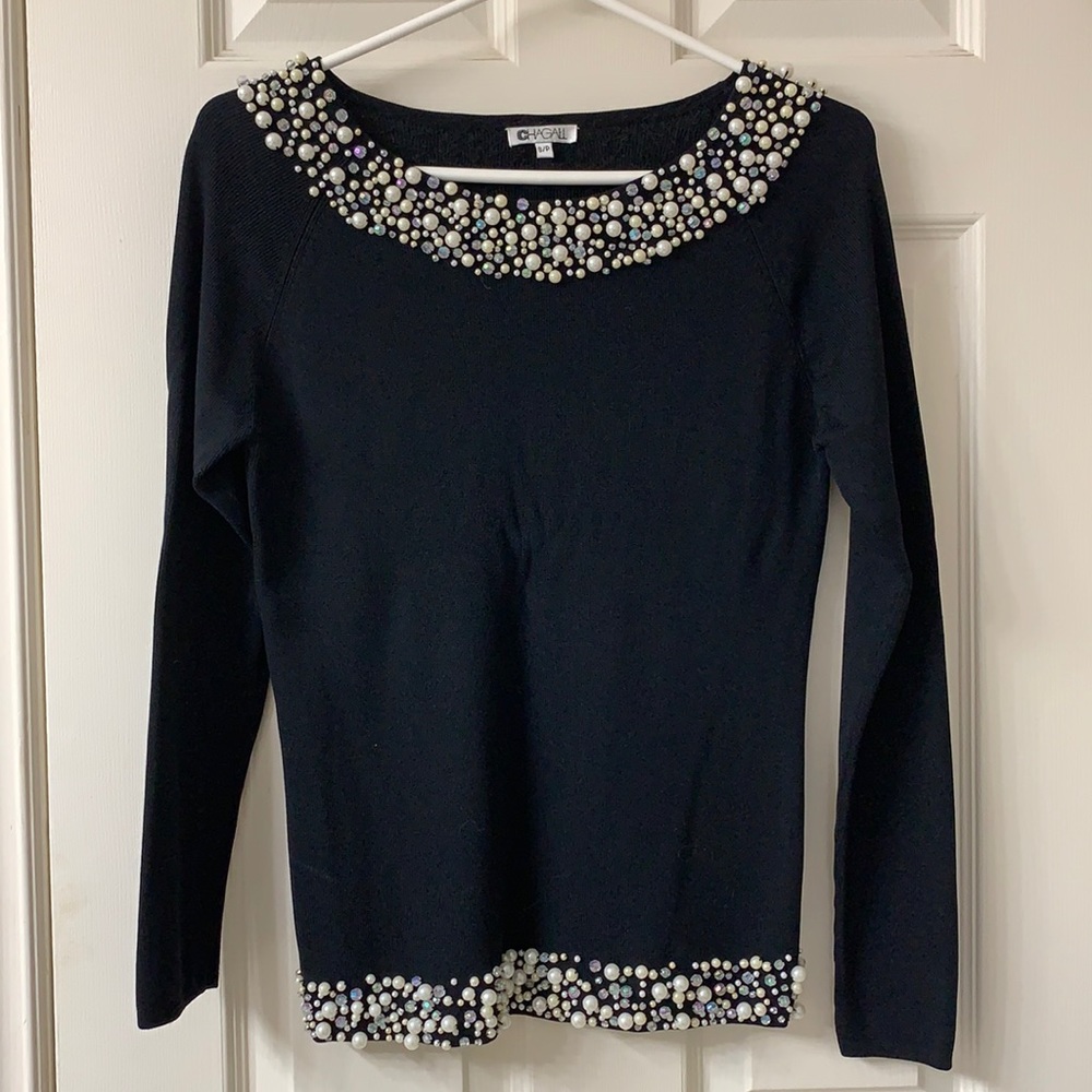 🌷3 for $25🌷Chagall, US S, Black Beaded Front & Collar Long Sleeved Knit Top